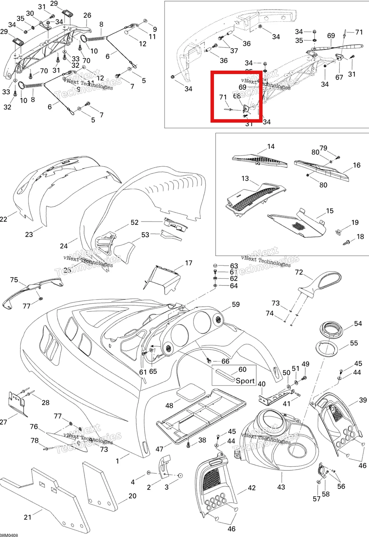Деталь 517302255 на схеме узла 2004 Ski-Doo Legend 600 HO SDI Hood