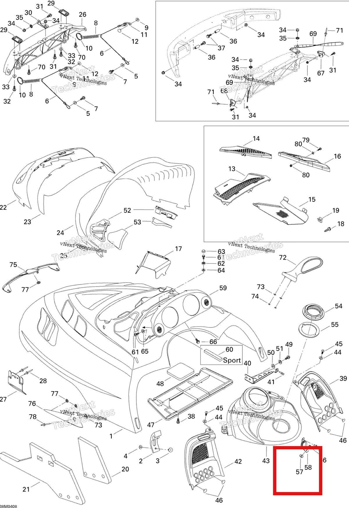 Деталь 517302286 (Резиновые стопоры) на схеме узла 2004 Ski-Doo Legend 600 HO SDI Hood