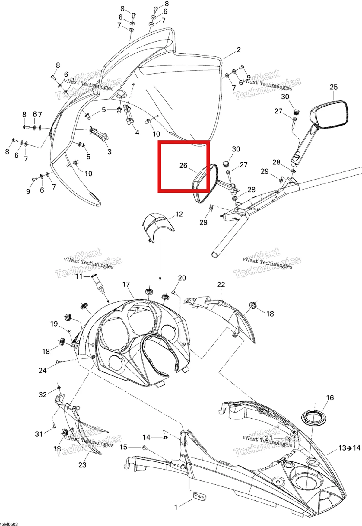 Деталь 517302450 на схеме узла 2005 Ski-Doo GTX 380F Windshield And Console