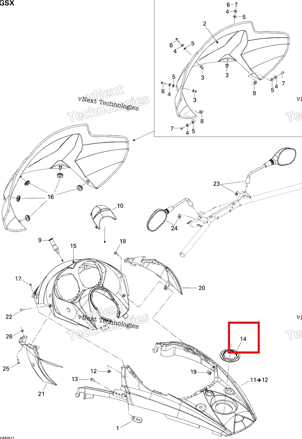 Деталь 517302575 (заглушка) на схеме узла 2009 Ski-Doo GSX Fan Windshield And Console