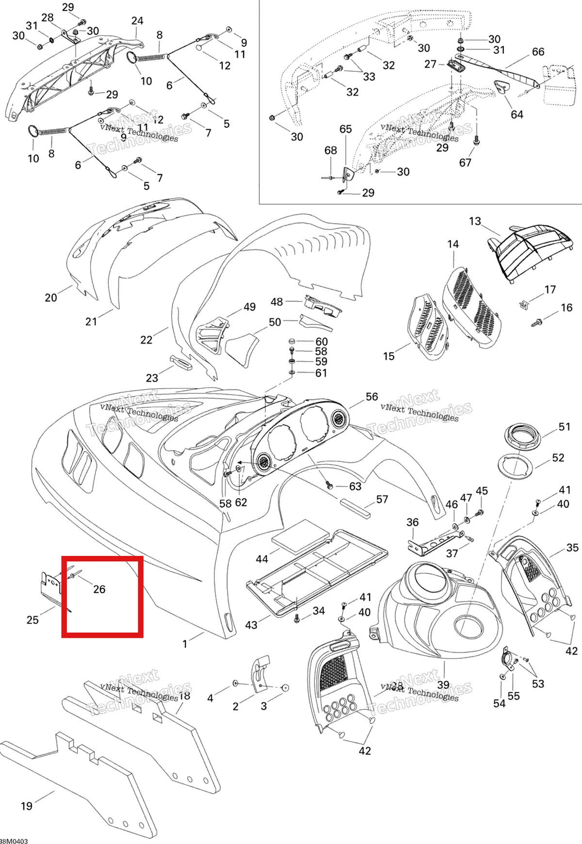 Деталь 517302582 (Деталь Moulding Head Lamp) на схеме узла 2004 Ski-Doo Summit 550F Cab, Console Summit 550F