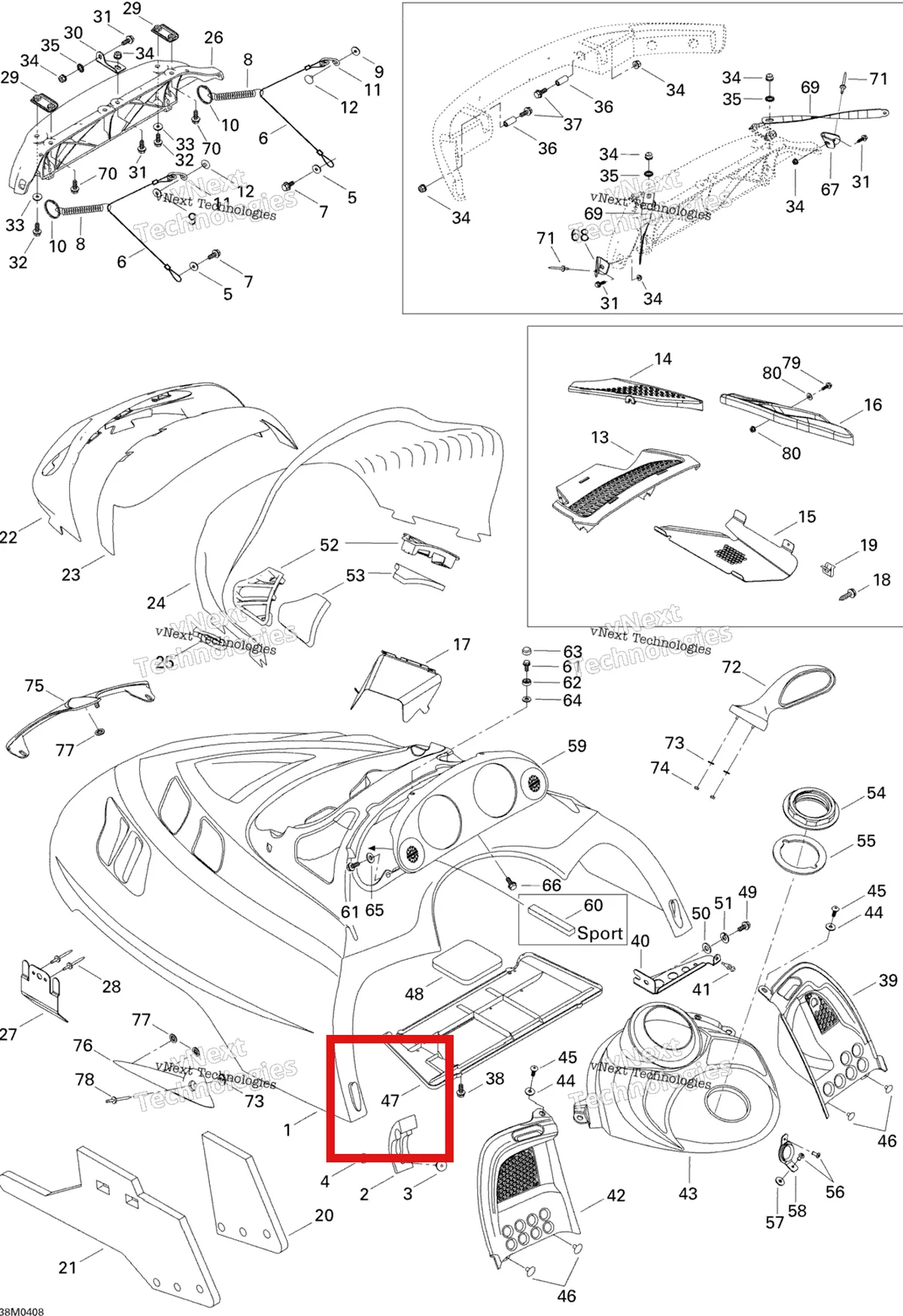Деталь 517302836 (Деталь Air Intake Plate) на схеме узла 2004 Ski-Doo Legend 600 HO SDI Hood