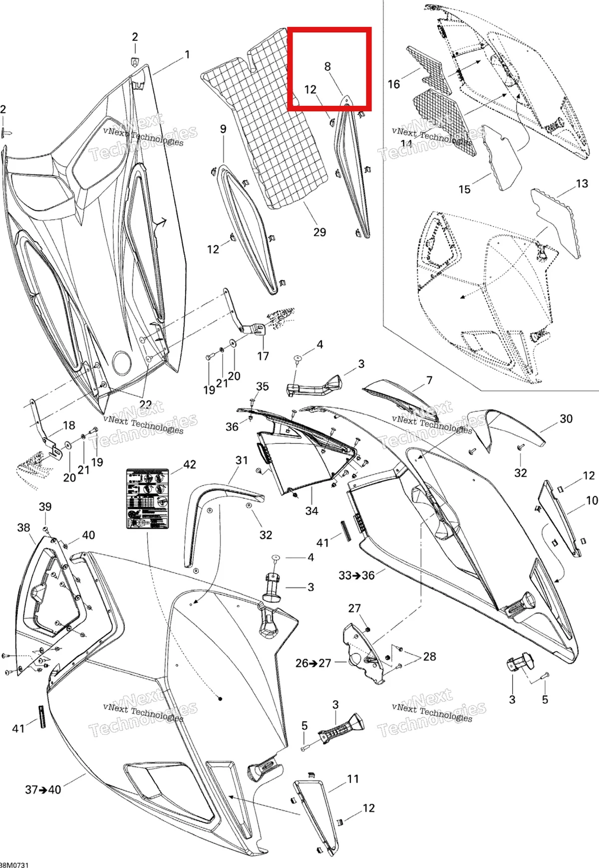 Деталь 517302936 на схеме узла 2007 Ski-Doo MX Z 1000 SDI Renegade RT Hood