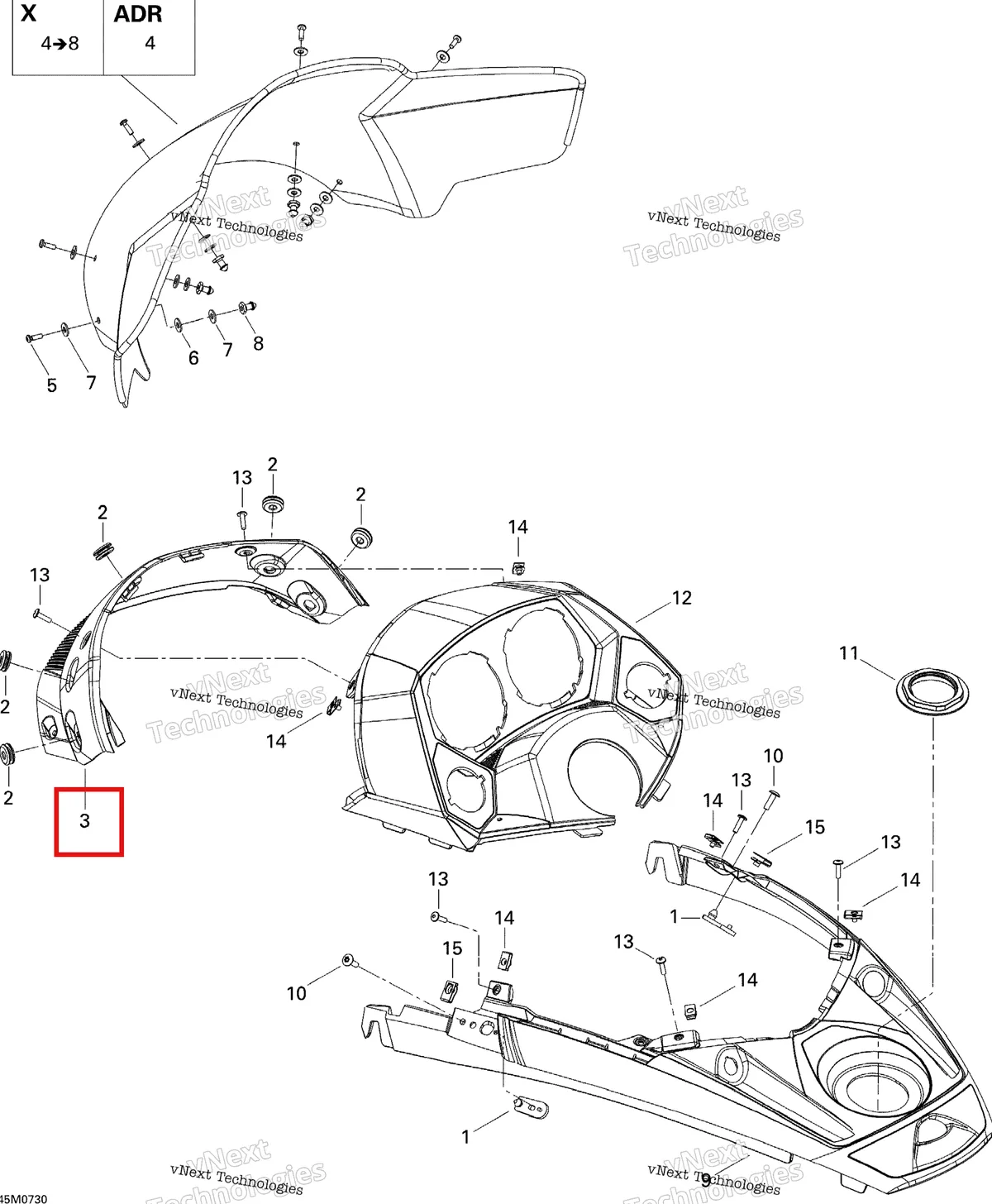 Деталь 517303219 на схеме узла 2007 Ski-Doo MACH Z Adrenaline Windshield And Console Adr
