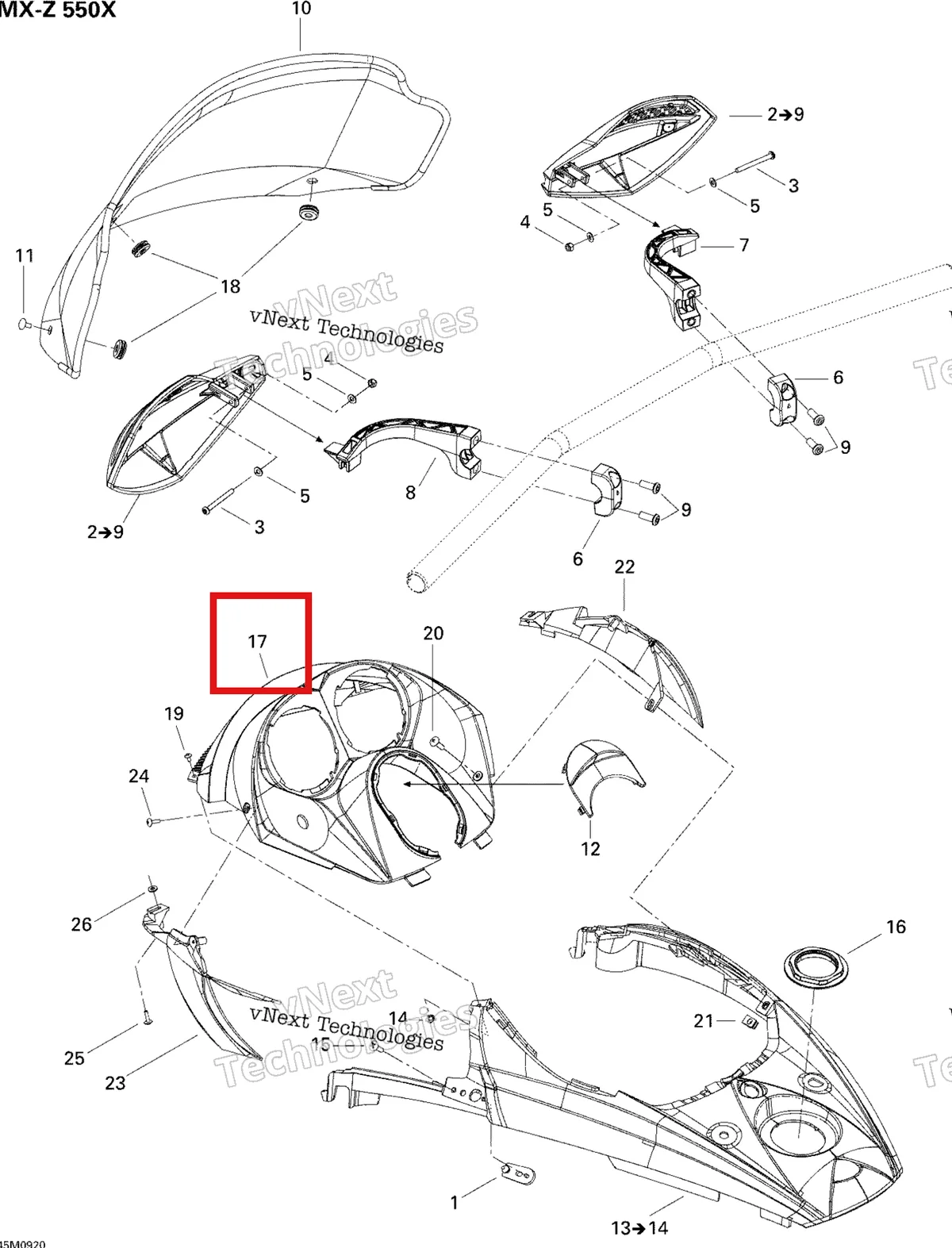Деталь 517303539 на схеме узла 2009 Ski-Doo MX Z 550X Windshield And Console