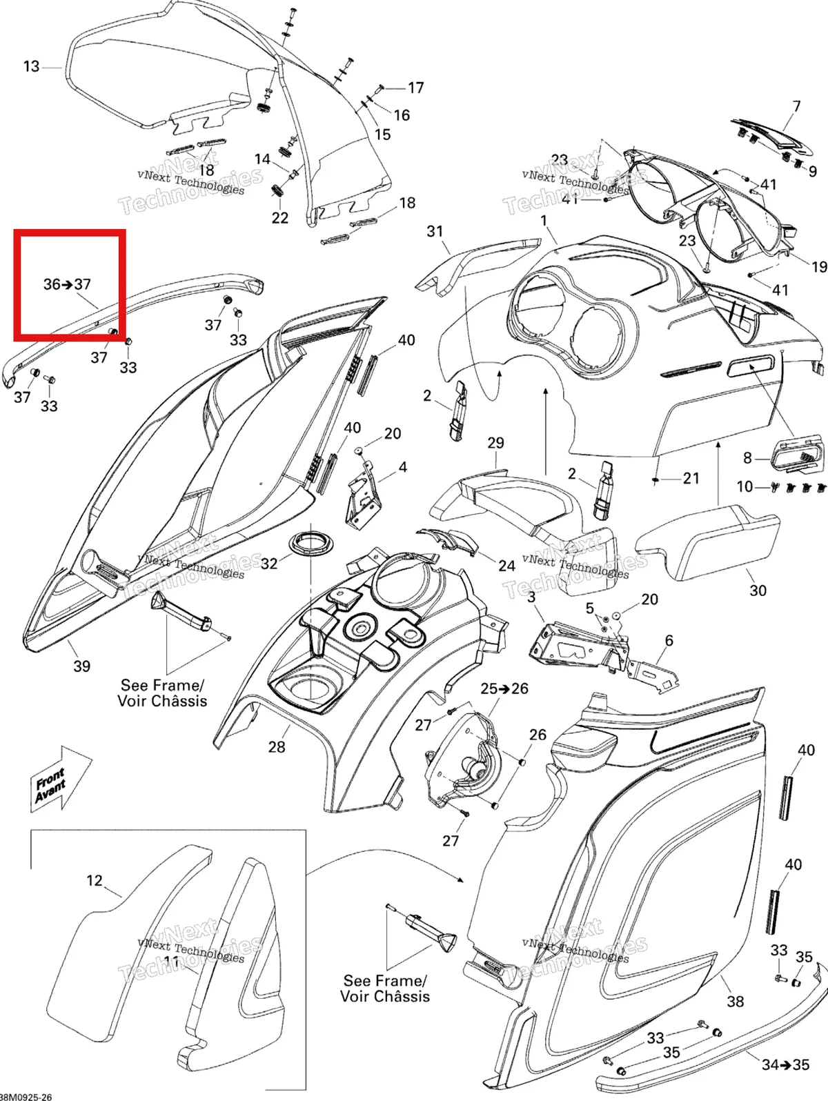 Деталь 517303578 (Деталь Lh Side Bumper. Includes 41 To 42) на схеме узла 2009 Ski-Doo Skandic Tundra LT 550F Hood