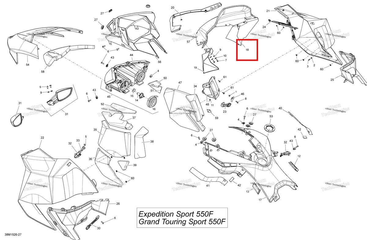 Деталь 517303791 на схеме узла 2015 Ski-Doo GRAND TOURING SPORT 550F XP137 Hood
