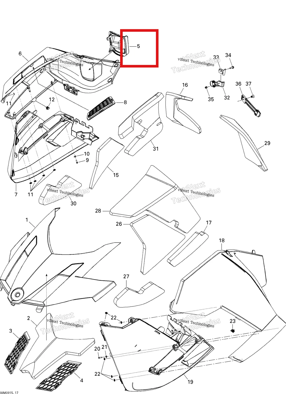 Деталь 517303810 на схеме узла 2009 Ski-Doo MX Z Renegade X 1200 4-TEC Hood Renegade X