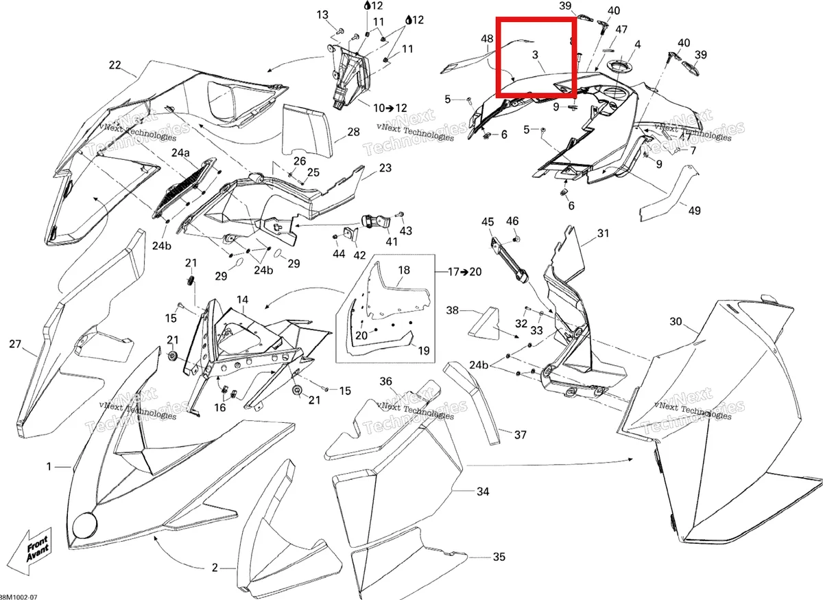 Деталь 517303921 на схеме узла 2010 Ski-Doo Renegade X 800R PTEK Hood 800R Ptek