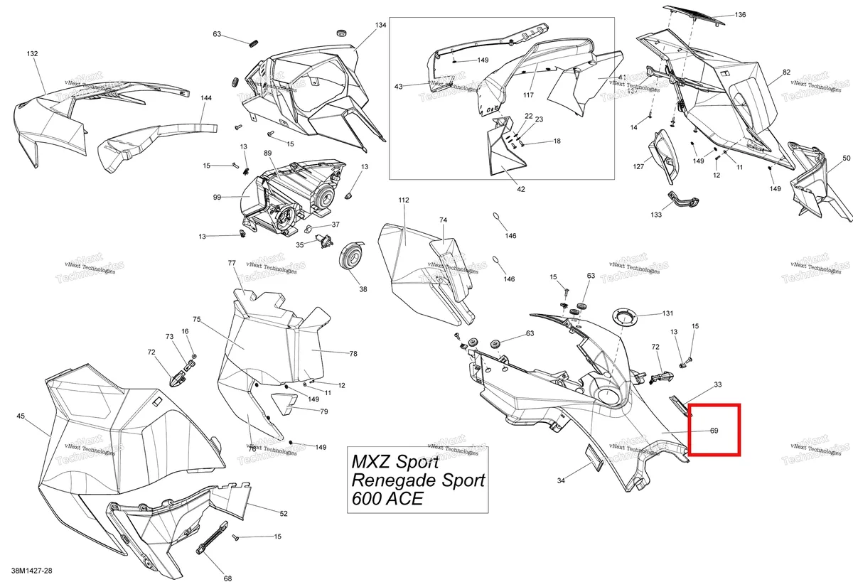 Деталь 517303924 на схеме узла 2014 Ski-Doo RENEGADE SPORT 600ACE XP Hood, Windshield And Console