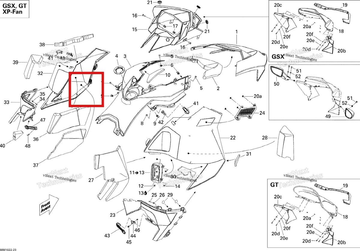 Схема применяемости: Левый панель верхний поролон Ski-Doo Summit X 800R Power T.E.K. (2009) (517303985)