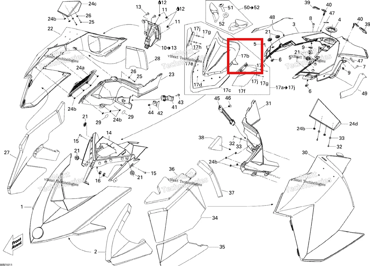 Деталь 517304032 на схеме узла 2010 Ski-Doo Grand-Touring Sport 600 Hood 500Ss