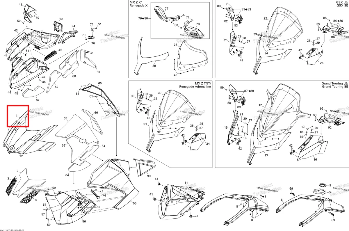 Деталь 517304035 на схеме узла 2012 Ski-Doo MXZ X & TNT 1200 XR Hood, Windshield And Console Tnt