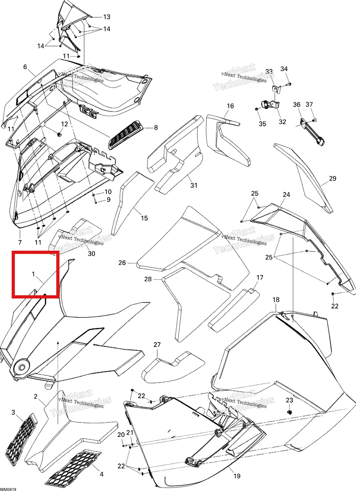 Деталь 517304039 на схеме узла 2009 Ski-Doo GTX SE 1200 4-TEC Hood