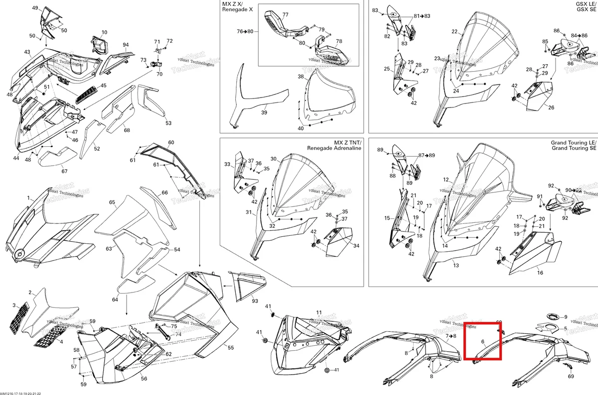 Деталь 517304041 на схеме узла 2012 Ski-Doo MXZ X & TNT 1200 XR Hood, Windshield And Console Tnt