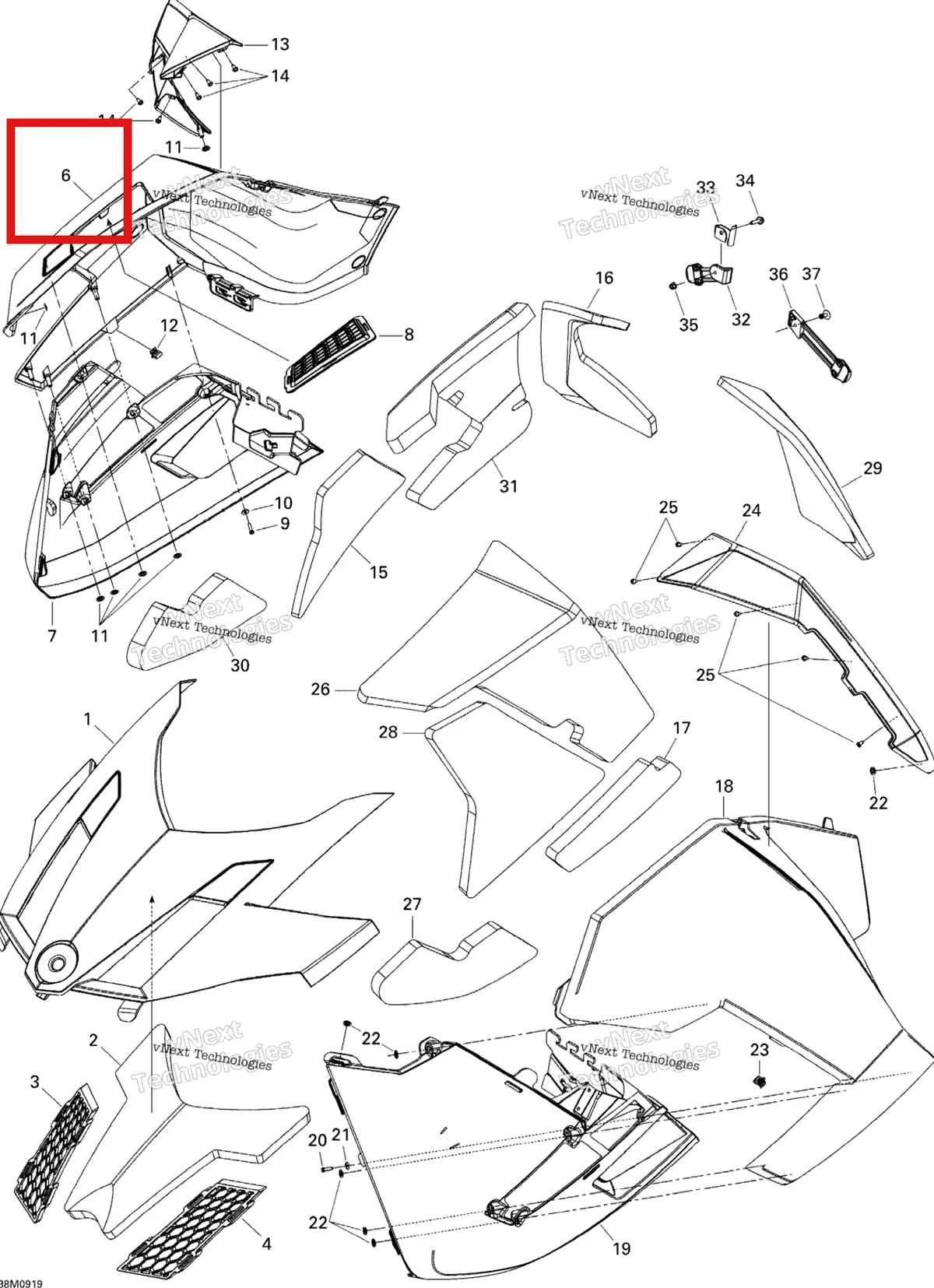 Деталь 517304052 на схеме узла 2009 Ski-Doo GTX SE 1200 4-TEC Hood