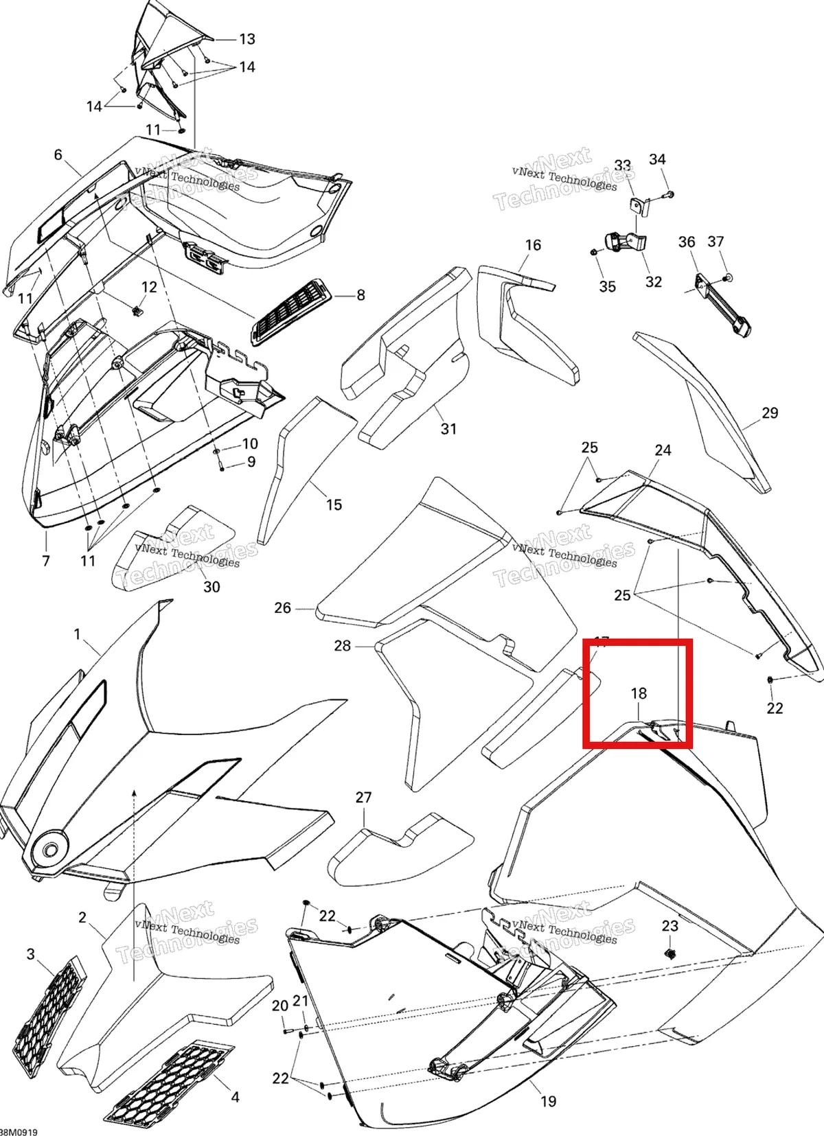 Деталь 517304057 на схеме узла 2009 Ski-Doo GTX SE 1200 4-TEC Hood