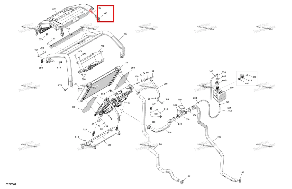 Деталь 517304075 (Торцевой Piece защёлка Can-Am Outlander 1000R EFI XMR (2022) (517304075)) на схеме узла 2026 Can-Am OUTLANDER - 4X4 - XMR - 700 - 1STA - Dark Wildland Camo Engine - Cooling