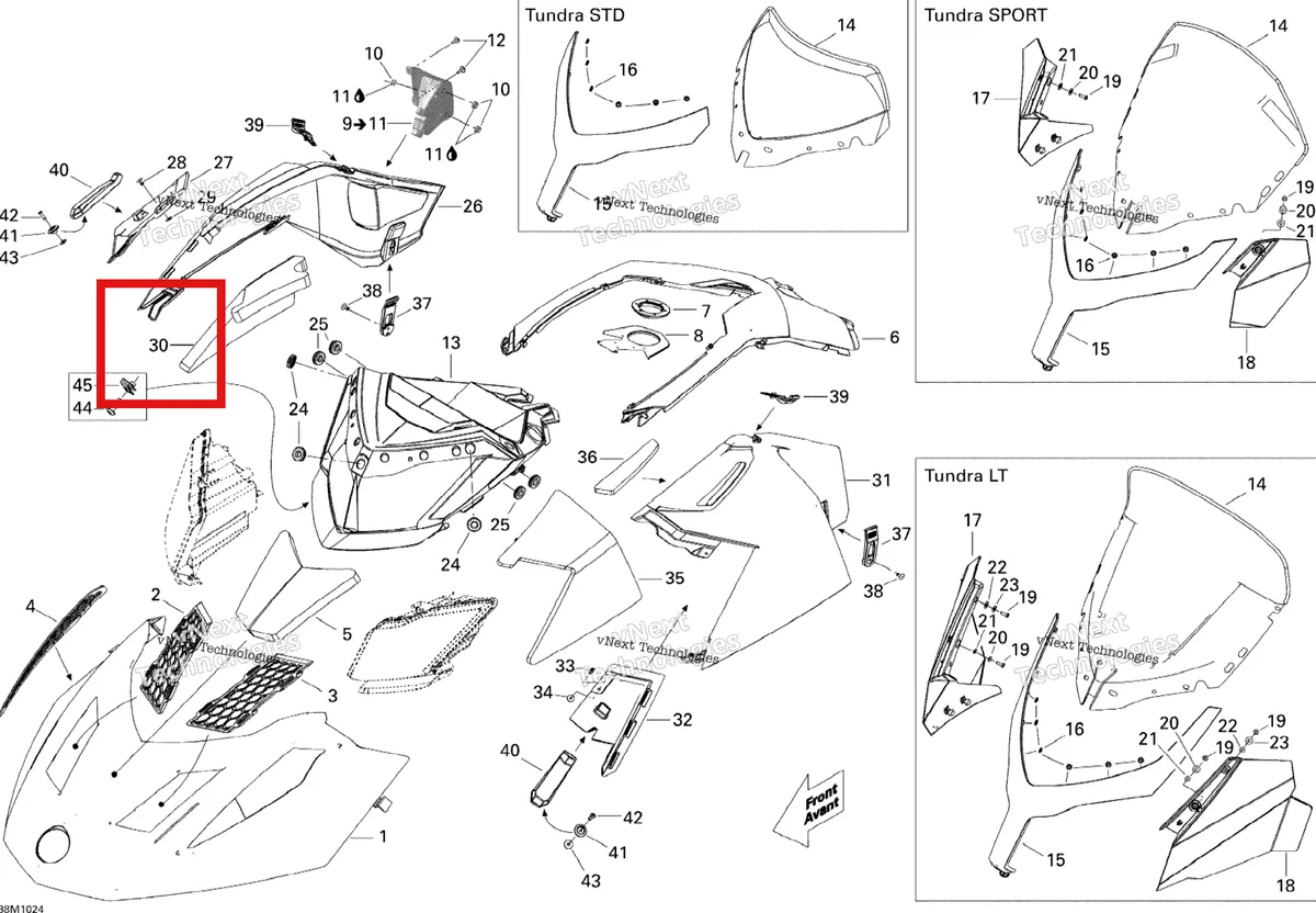 Деталь 517304224 на схеме узла 2010 Ski-Doo Skandic Tundra, STD, SPORT, LT Hood