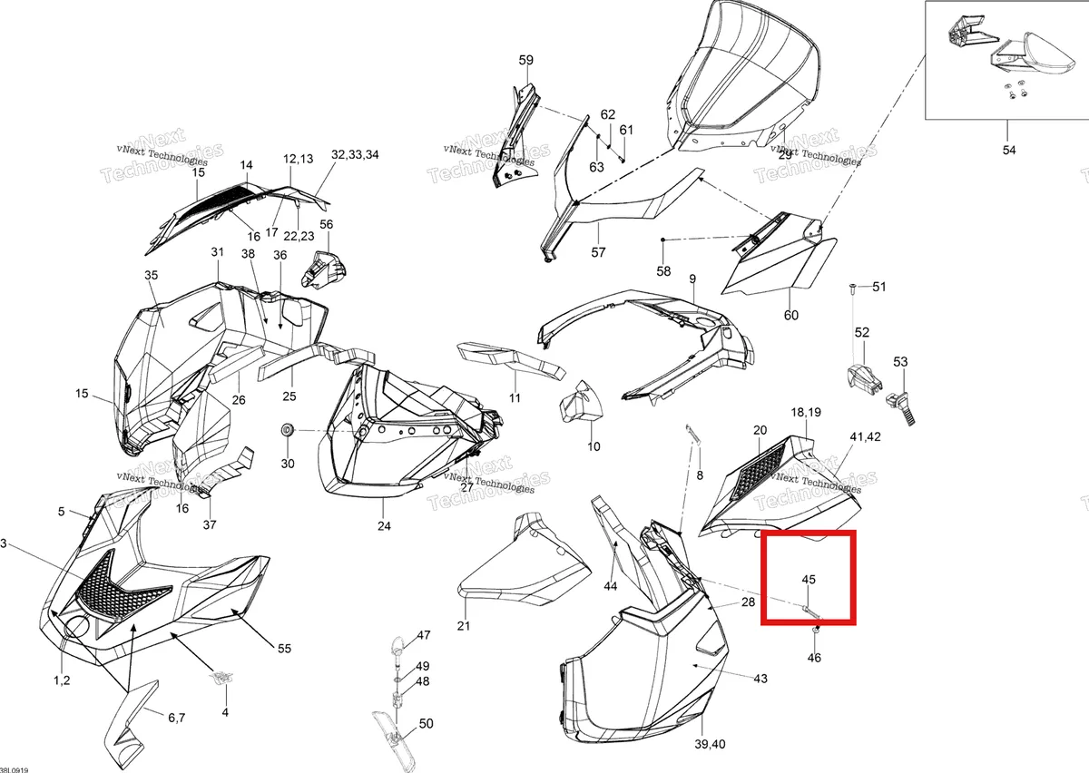 Деталь 517304290 (Защёлка) на схеме узла 2009 Ski-Doo Expedition TUV 600 H.O. SDI REV-XU Hood