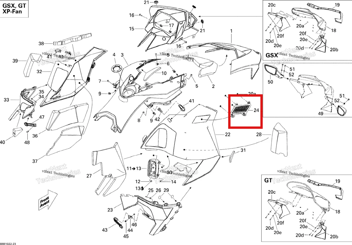 Деталь 517304496 на схеме узла 2010 Ski-Doo Grand-Touring Sport 550F Hood