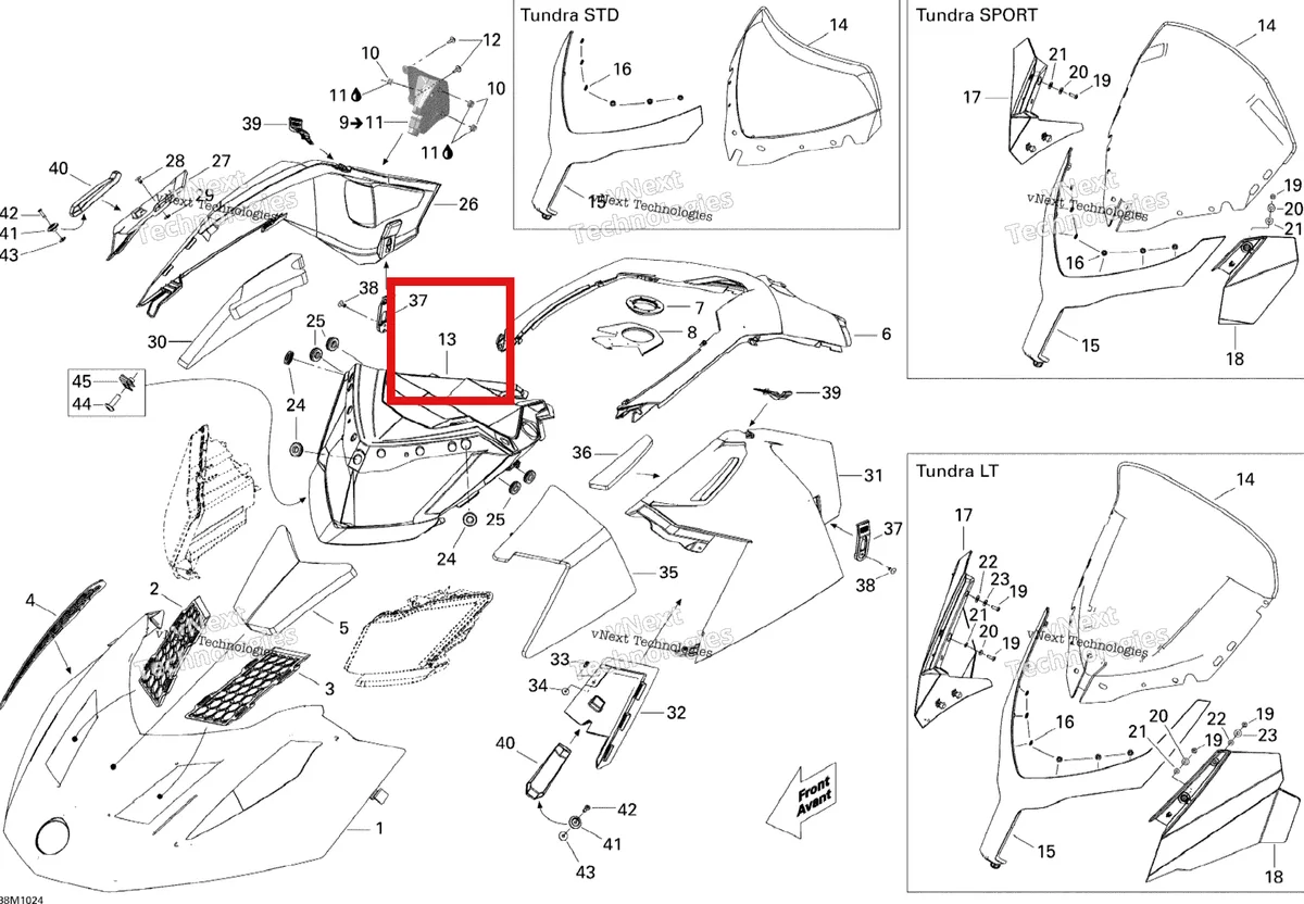 Деталь 517304498 на схеме узла 2010 Ski-Doo Skandic Tundra, STD, SPORT, LT Hood