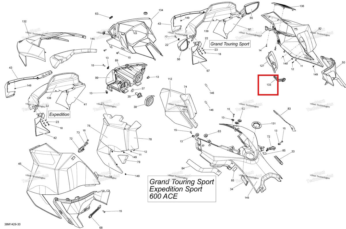 Деталь 517304551 (Деталь Panel Latch) на схеме узла 2014 Ski-Doo GRAND TOURING SPORT 600ACE XP Hood, Windshield And Console