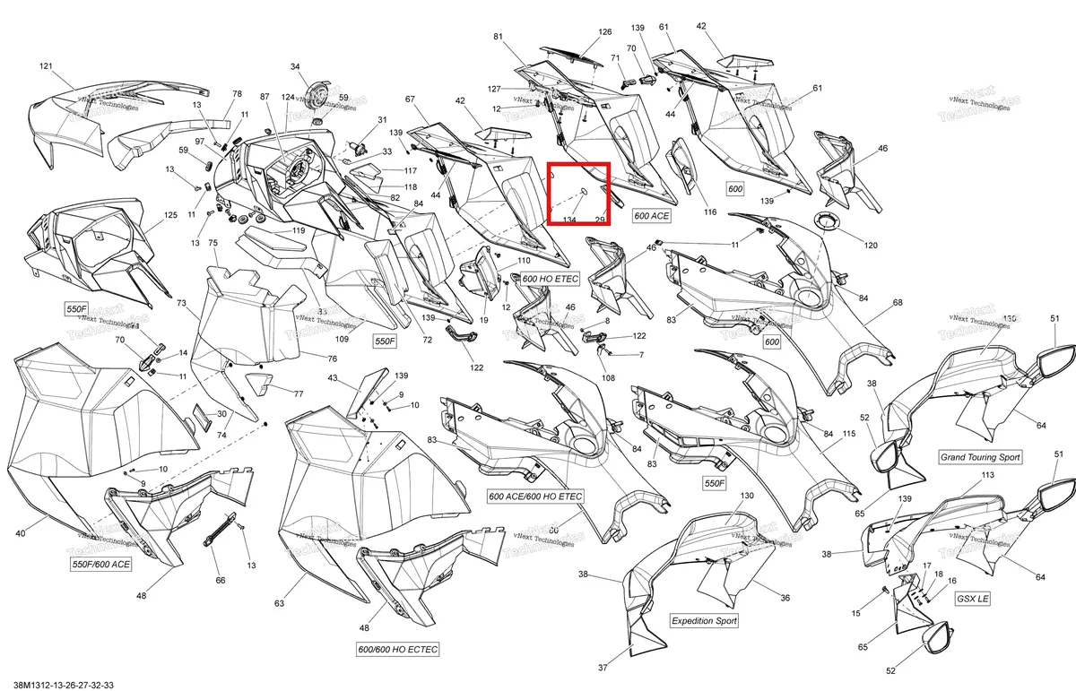 Деталь 517304576 (Деталь Indicator Support) на схеме узла 2013 Ski-Doo EXPEDITION SPORT 550F XP Hood, Windshield And Console