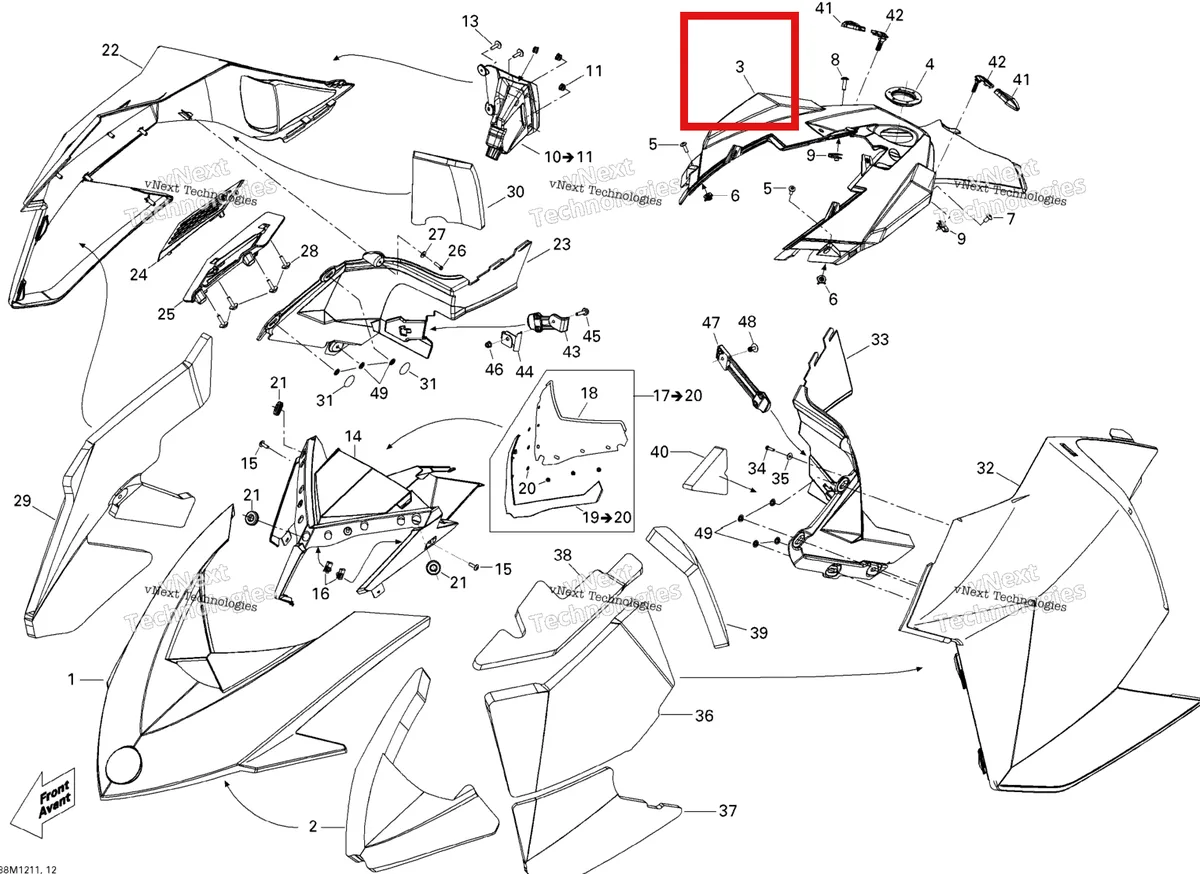 Деталь 517304638 на схеме узла 2012 Ski-Doo Freeride 137 & 146 & 154 800RETEC XP Hood
