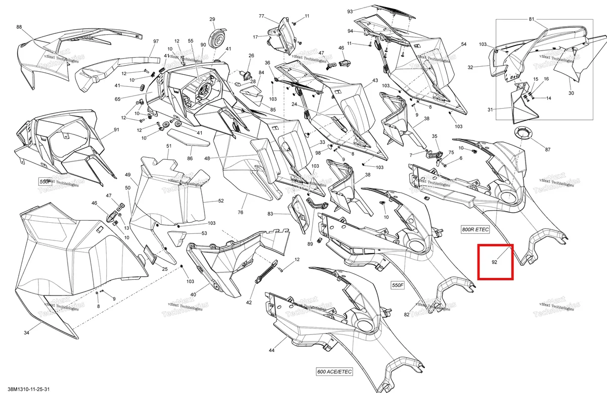 Деталь 517304639 на схеме узла 2013 Ski-Doo RENEGADE SPORT 550F XP Hood, Windshield And Console