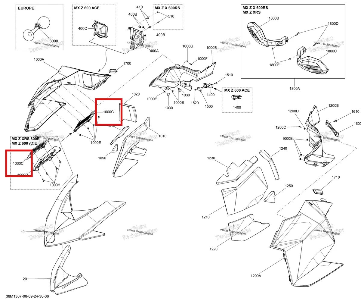 Деталь 517304763 (Деталь External Grill) на схеме узла 2013 Ski-Doo MXZ XRS 800RE XP Hood