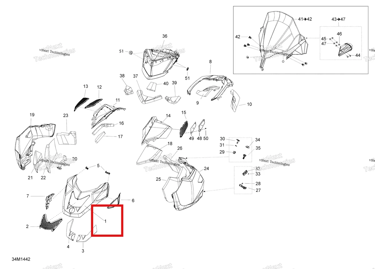 Деталь 517304814 (Деталь Hood, White) на схеме узла 2014 Ski-Doo EXPEDITION SE 1200 XU Hood, Windshield And Console
