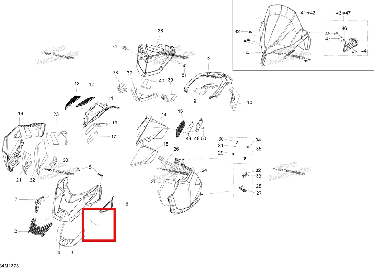 Деталь 517304818 (Деталь Hood, Black) на схеме узла 2013 Ski-Doo EXPEDITION SE 12004TEC, REVXU Hood, Windshield And Console
