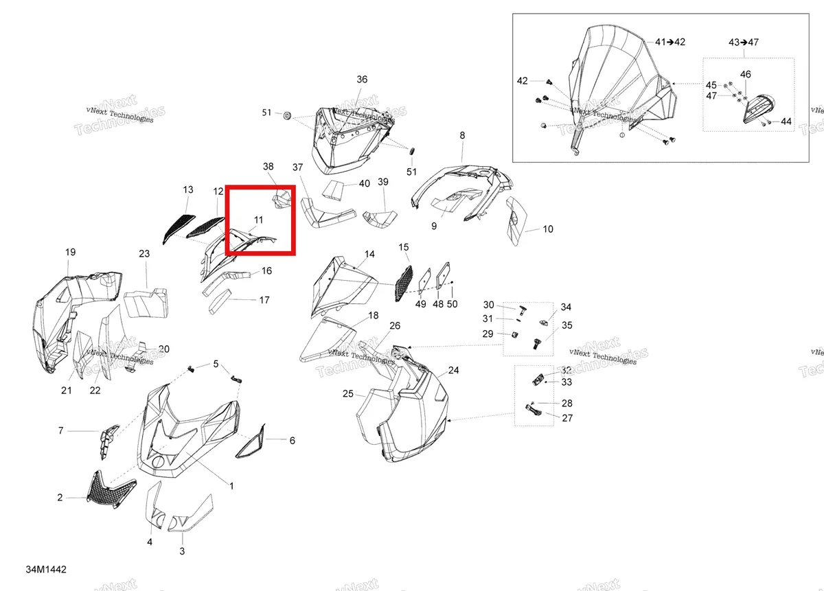 Деталь 517304826 (Деталь White Rh Side Access Panel) на схеме узла 2014 Ski-Doo EXPEDITION SE 1200 XU Hood, Windshield And Console