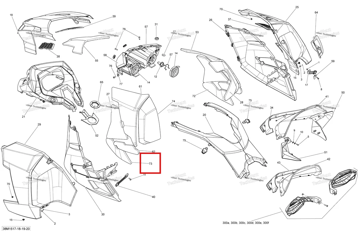 Деталь 517304900 на схеме узла 2015 Ski-Doo RENEGADE X 1200 XR137 Hood