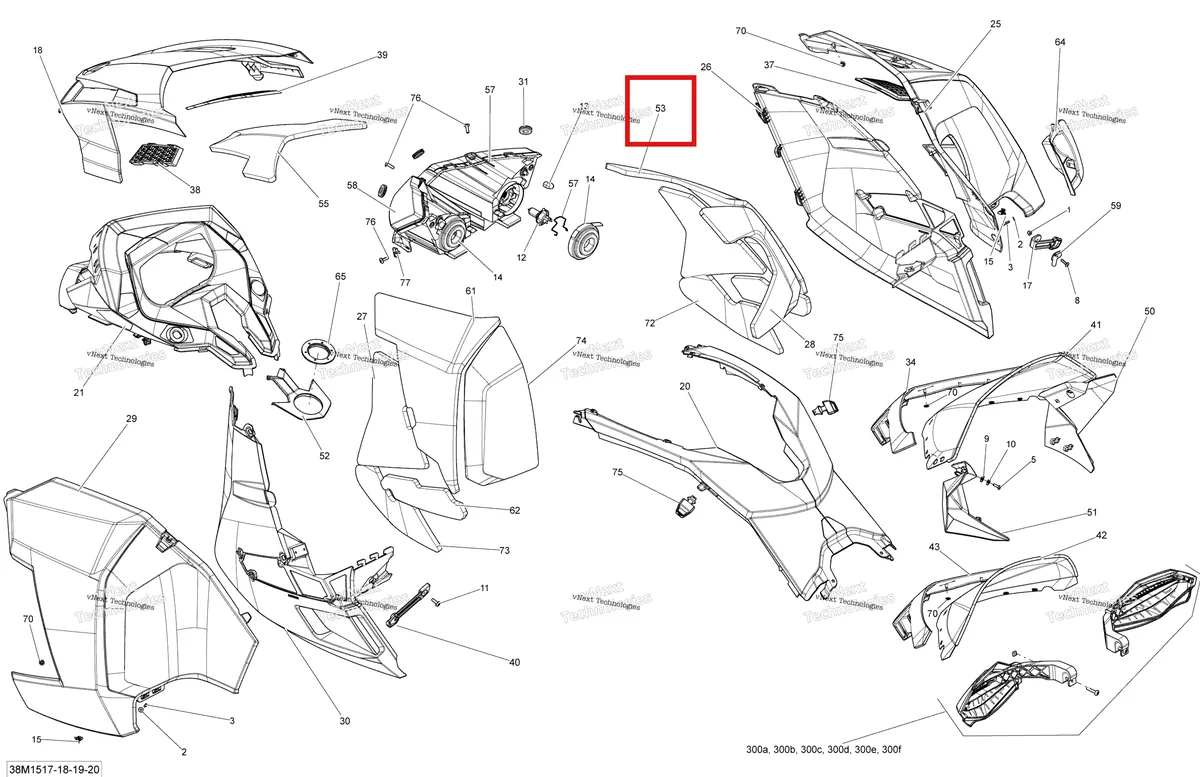 Деталь 517304907 на схеме узла 2015 Ski-Doo RENEGADE X 1200 XR137 Hood