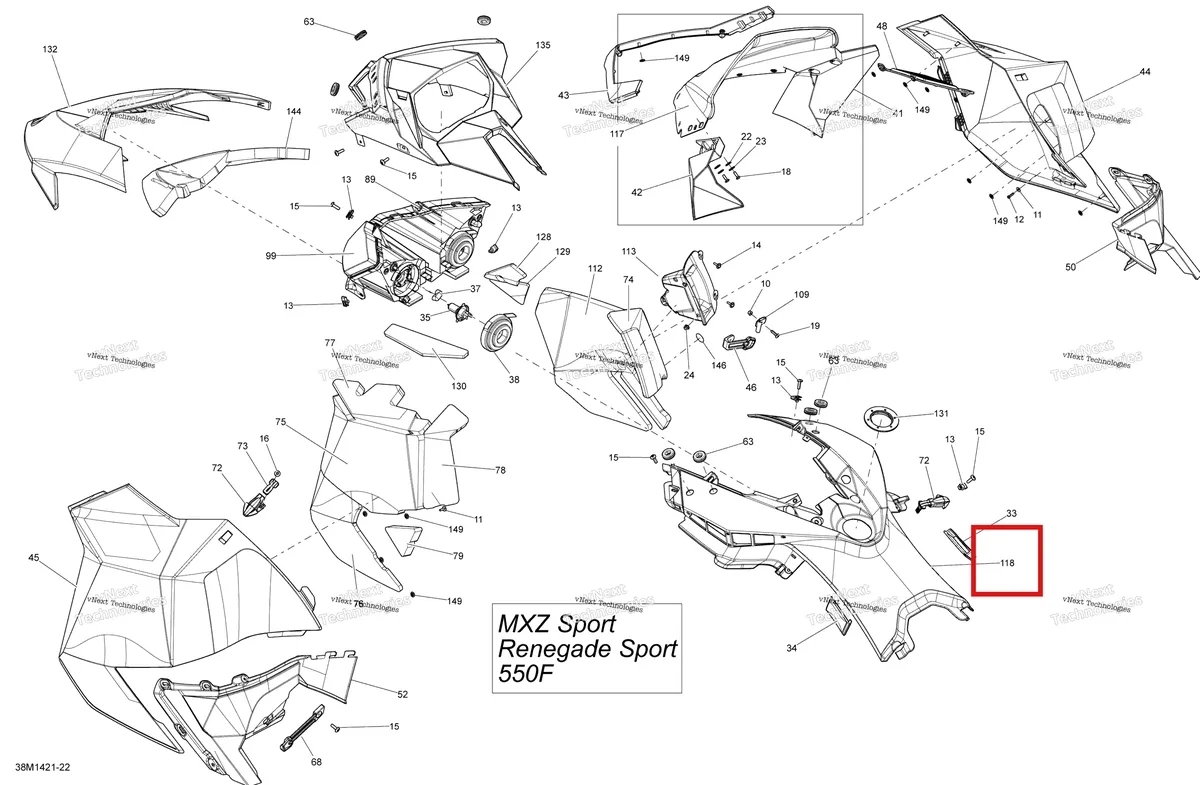 Деталь 517304954 на схеме узла 2014 Ski-Doo RENEGADE SPORT 550F XP Hood, Windshield And Console