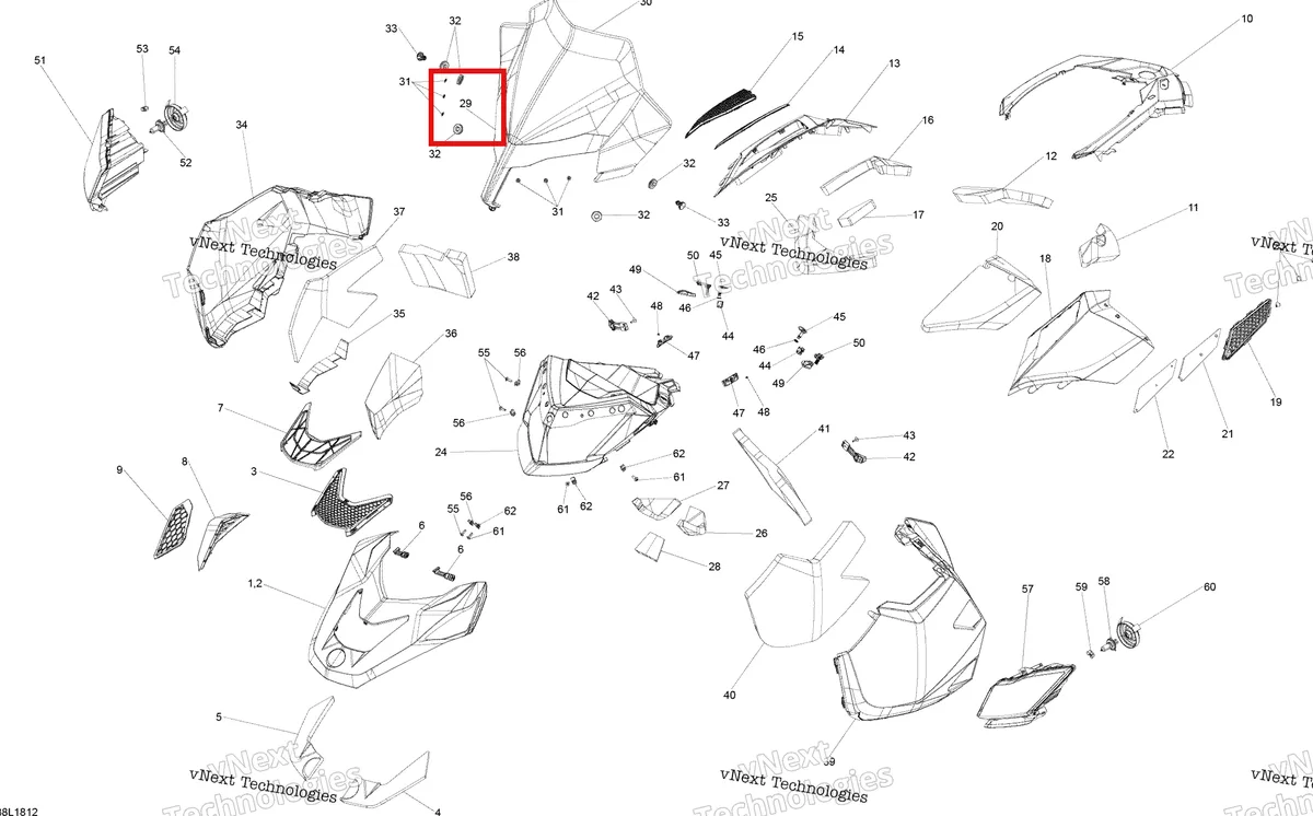 Деталь 517305098 (Деталь Windshield (355) Ass'y. Includes 30 To 32, Model-800 E-tec) на схеме узла 2018 Ski-Doo EXPEDITION XTREME 800R E-TEC Hood Expedition - 800R E-Tec