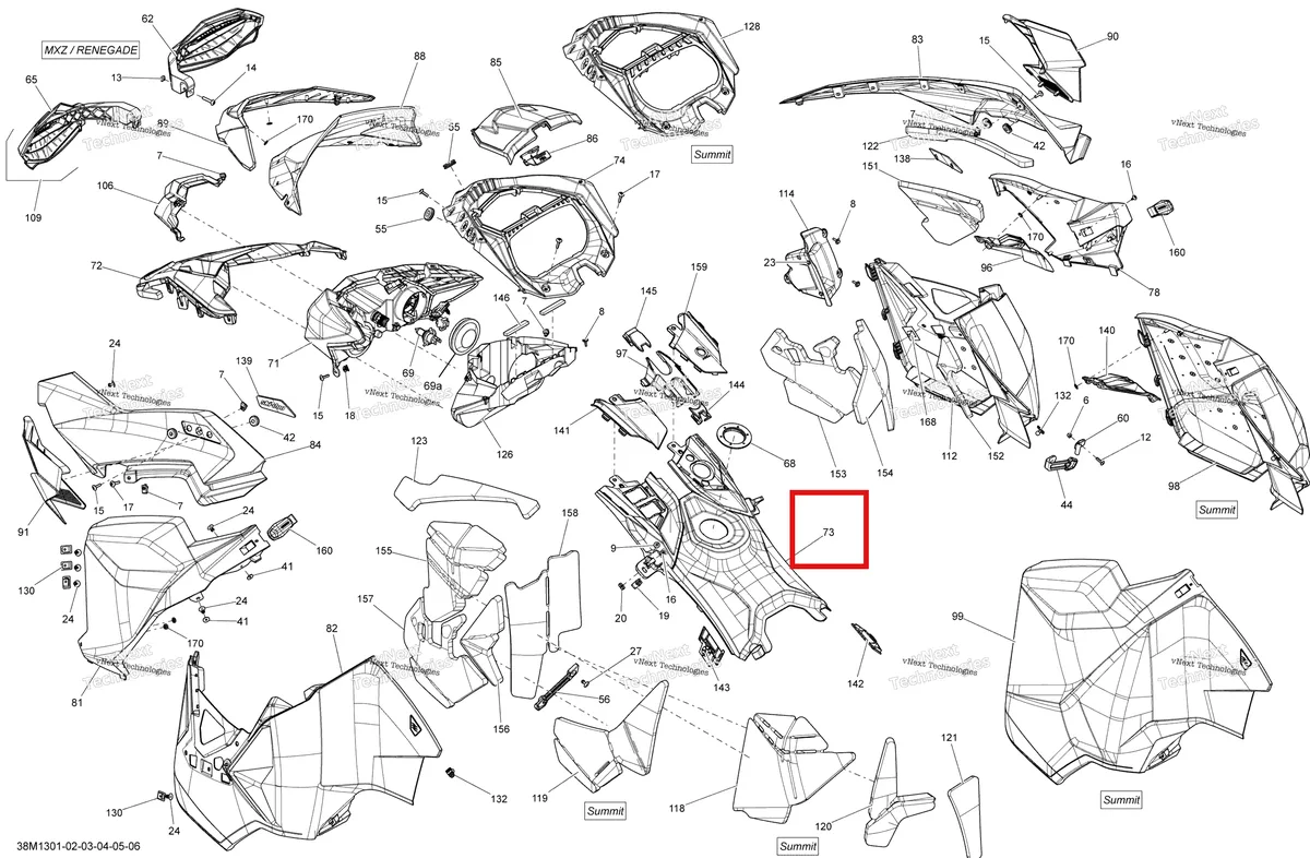 Деталь 517305310 на схеме узла 2013 Ski-Doo SUMMIT X 800RE XM Hood, Windshield And Console