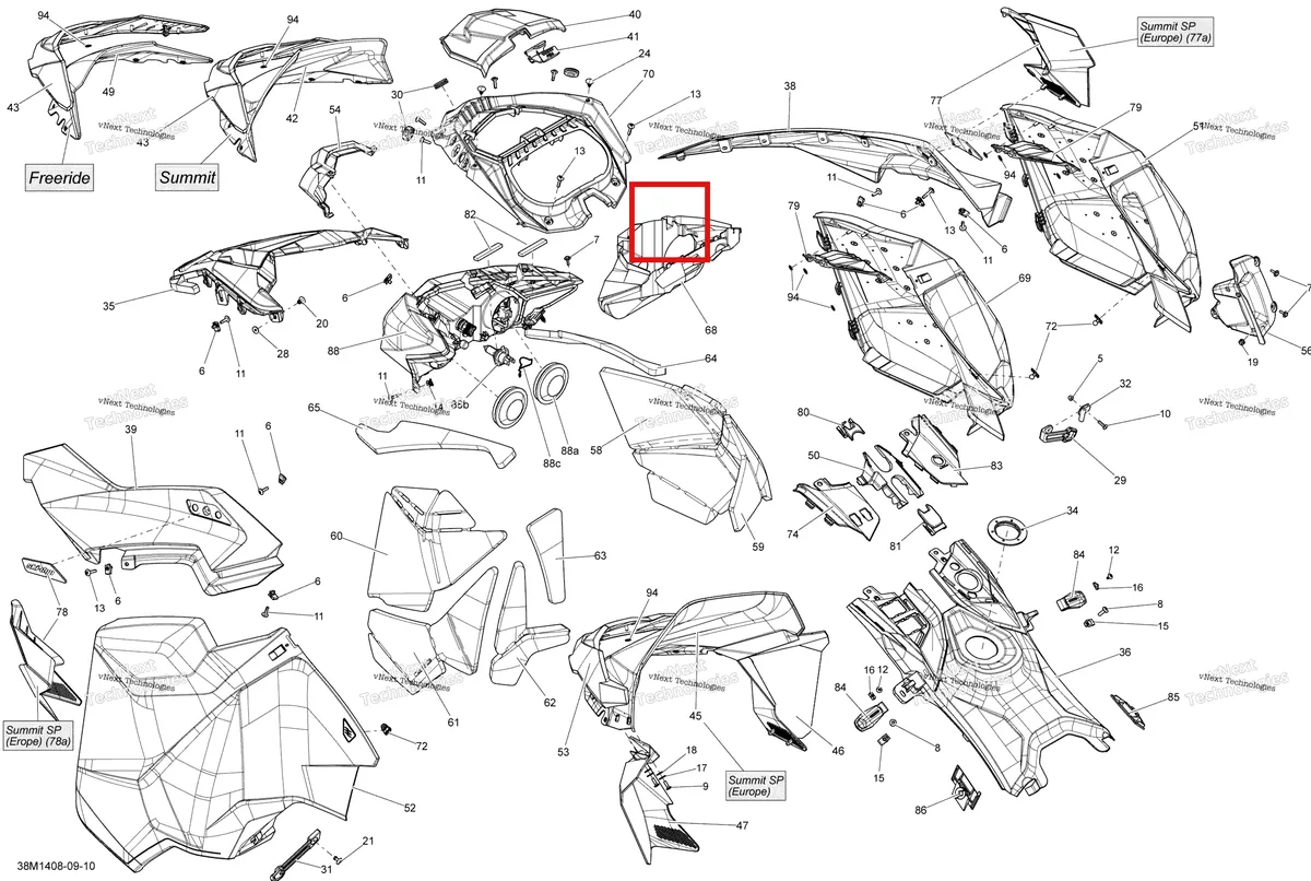 Деталь 517305380 на схеме узла 2014 Ski-Doo FREERIDE 137, 800RE XM RS Hood, Windshield And Console