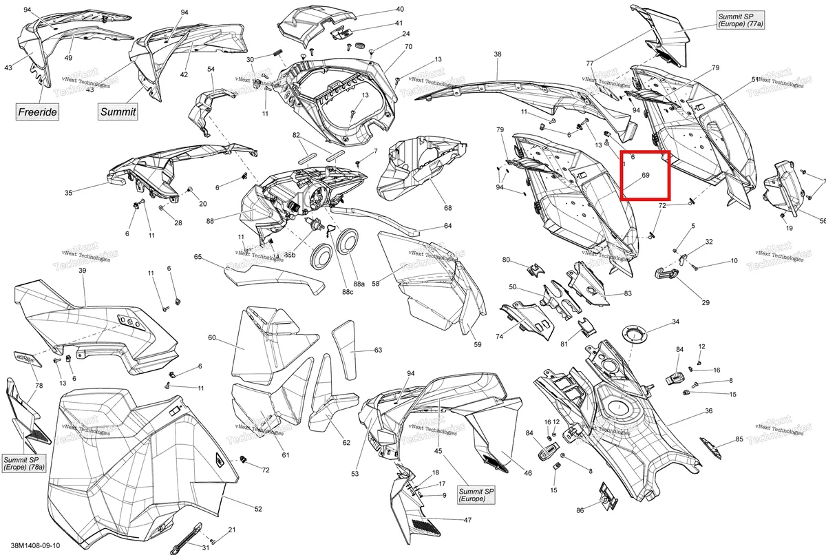 Деталь 517305499 на схеме узла 2014 Ski-Doo SUMMIT X 800RE XM 146 Hood, Windshield And Console