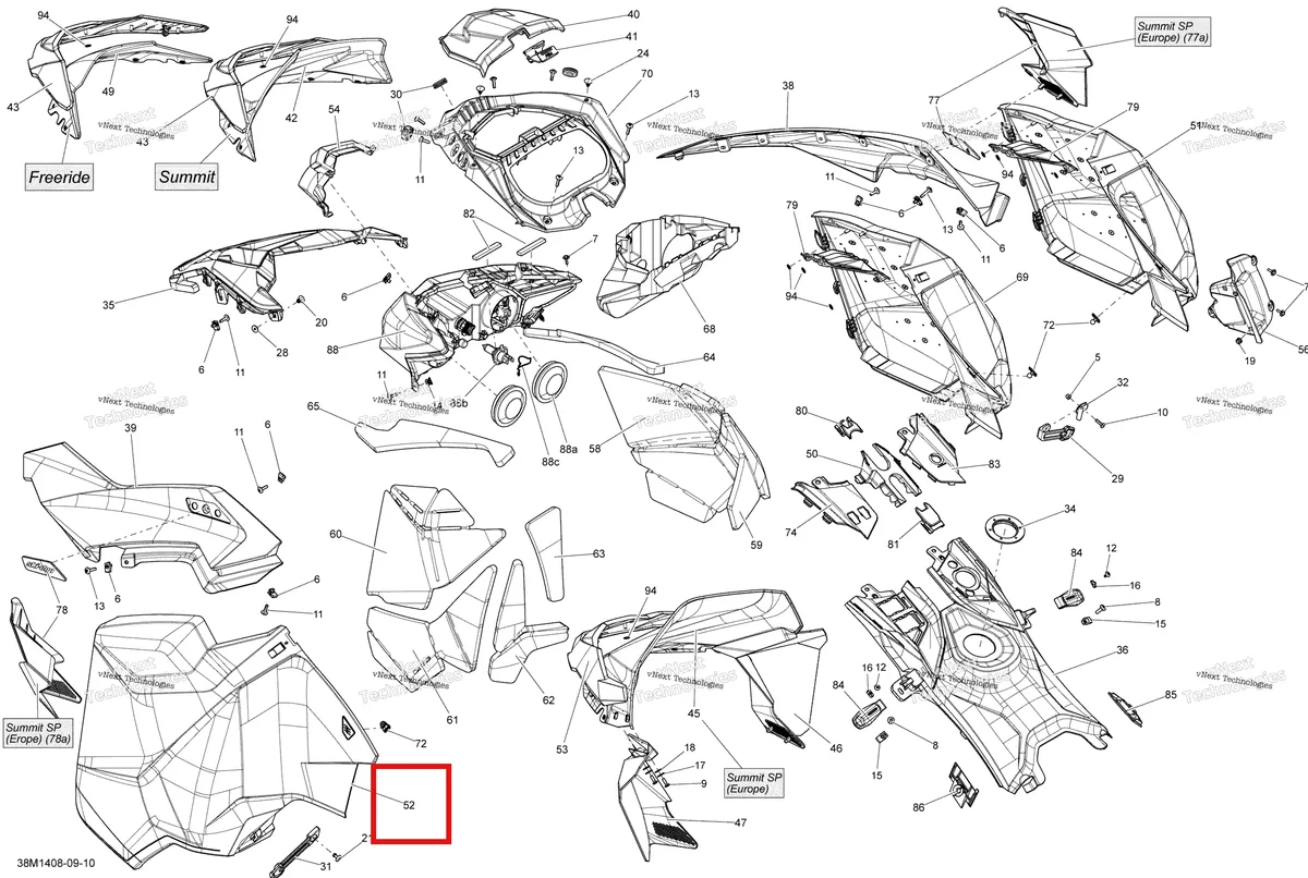 Деталь 517305503 на схеме узла 2014 Ski-Doo SUMMIT X 800RE XM 146 Hood, Windshield And Console