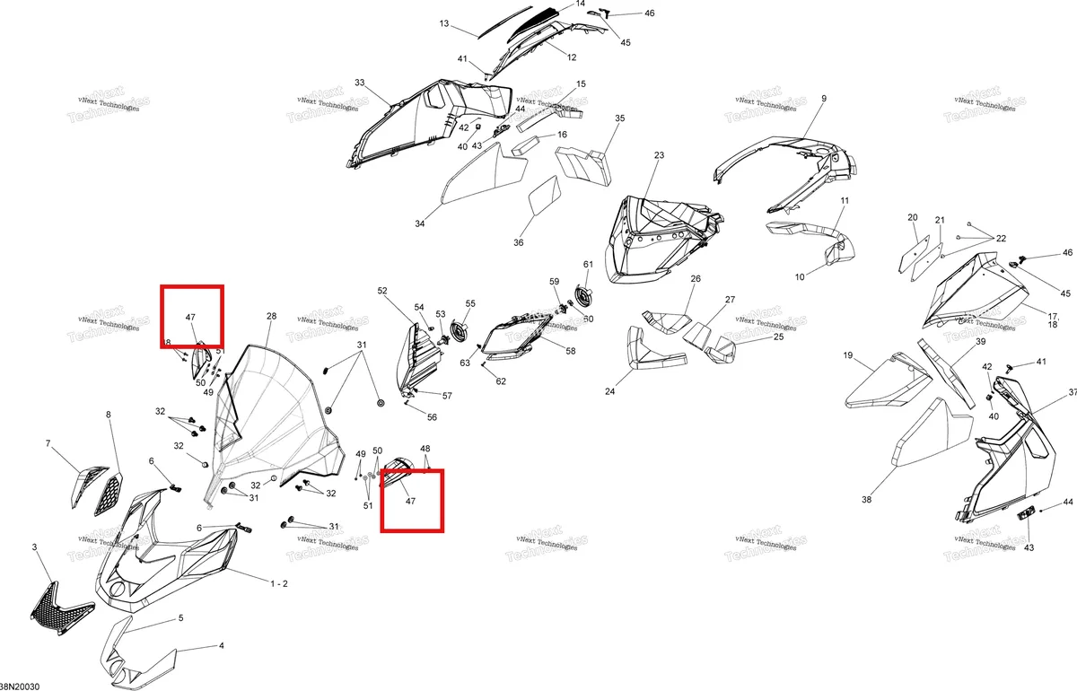 Деталь 517305787 (Деталь Rh/lh Mirror Ass'y. Includes 46 To 51) на схеме узла 2020 Ski-Doo SKANDIC WT 550F Body - Hood Section - Skandic - 550F