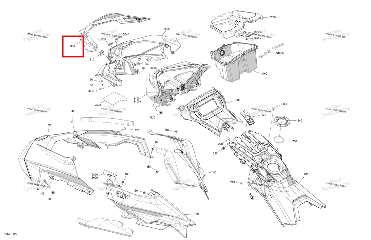 Деталь 517305875 на схеме узла 2025 Ski-Doo MXZ - 600 EFI - 45 - NEO - BBSA - Catalyst Gray - 120X14X1.0C Track Body - Hood