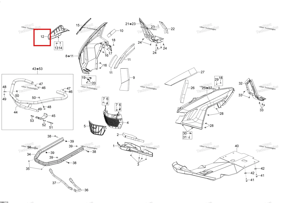Деталь 517305975 (Деталь Rh Bottom Pan Air Vent. Model-800 E-tec) на схеме узла 2017 Ski-Doo EXPEDITION - 2-STROKE - LE-SE-XTREME Bottom Pan