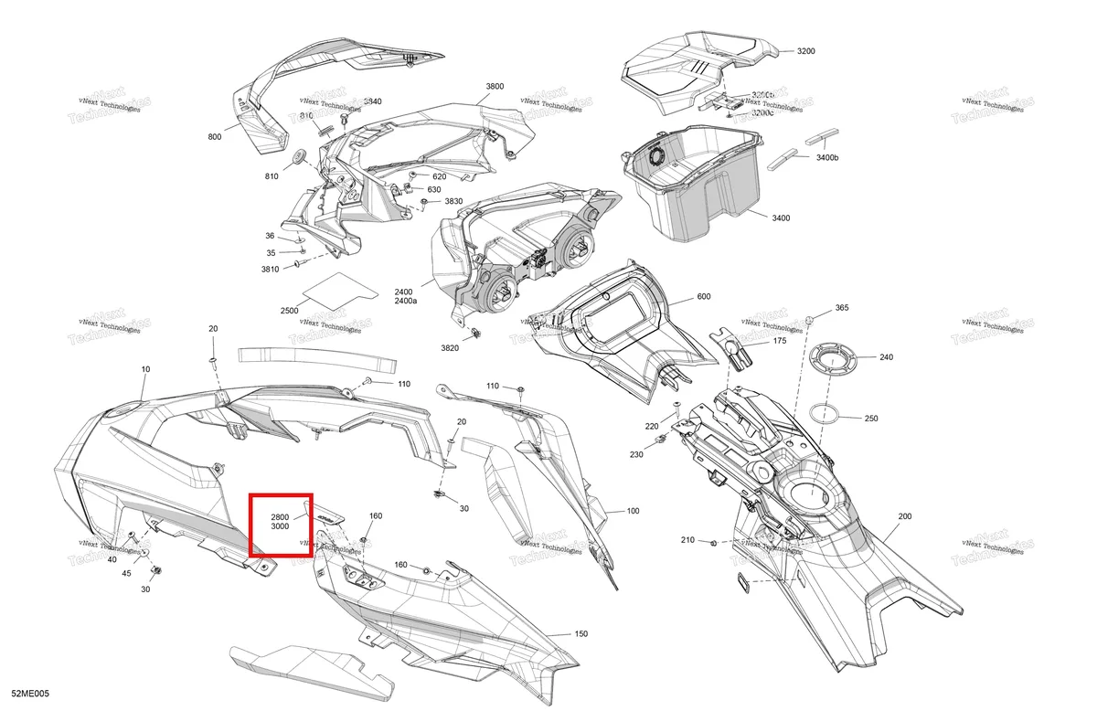 Деталь 517306050 на схеме узла 2025 Ski-Doo MXZ - 600 EFI - 45 - NEO - BBSA - Catalyst Gray - 120X14X1.0C Track Body - Hood