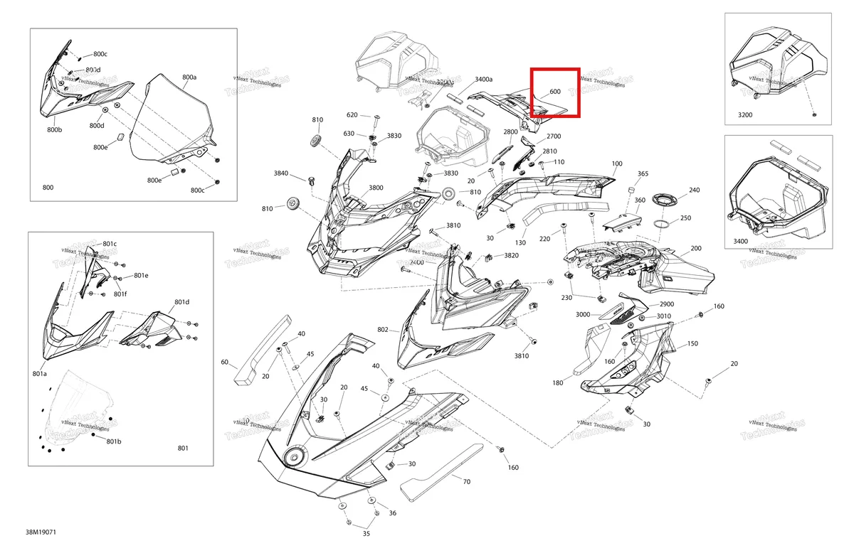 Деталь 517306108 на схеме узла 2019 Ski-Doo RENEGADE 600R E-TEC - ADRENALINE X Hood - Hood Section