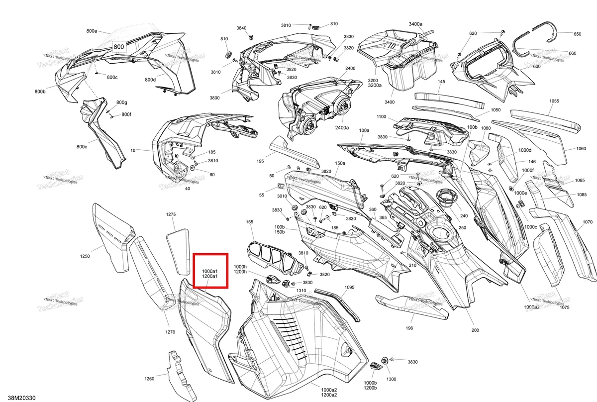 Деталь 517306785 на схеме узла 2020 Ski-Doo RENEGADE 850 E-TEC - Enduro Body - Hood Section - Can-Am Red
