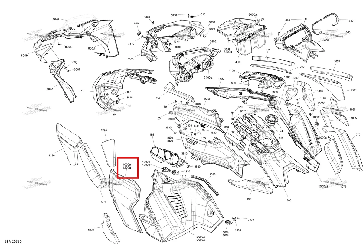 Деталь 517306787 на схеме узла 2020 Ski-Doo RENEGADE 850 E-TEC - Enduro Body - Hood Section - Can-Am Red