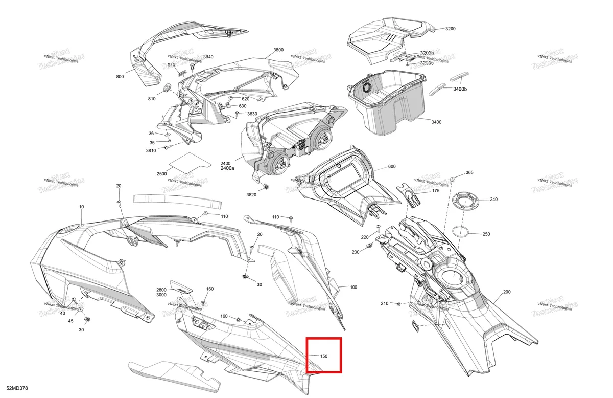 Деталь 517307300 на схеме узла 2024 Ski-Doo MXZ 600 EFI - 55 - NEO + - BPRA - Deep Black - 120X15X1.25RS Track Body - Hood